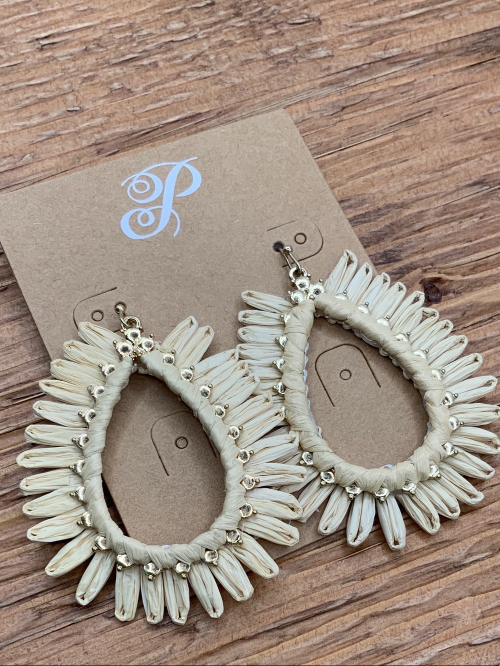 Plunder Design Cream Raffia Fringe with Gold Beads Teardrop Earrings